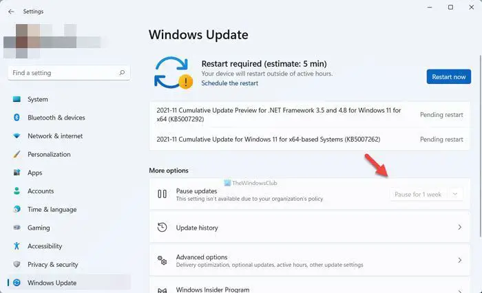 Параметр Приостановить обновления неактивен в Windows 11