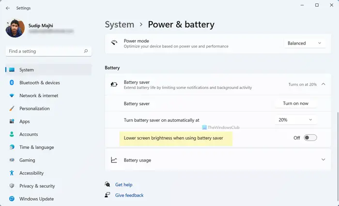 How to prevent Windows 11 from decreasing brightness when using Battery saver