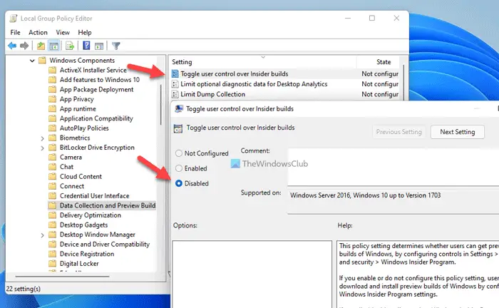 Как запретить пользователям получать сборки Insider Preview в Windows 11/10