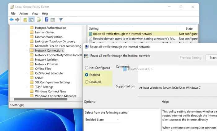 Route all traffic through the internal network in Windows