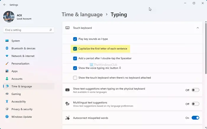 Allow or Stop Touch Keyboard from capitalizing the first letter of each sentence in Windows 11