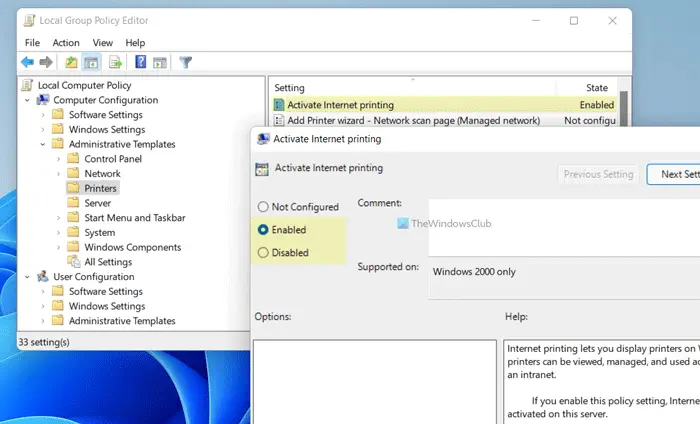 How to turn on or off internet printing in Windows 11/10
