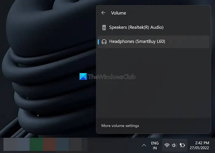 Audio output devices taskbar corner overflow