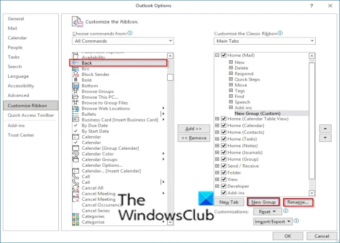 How to add Back and Forward buttons to Outlook Ribbon