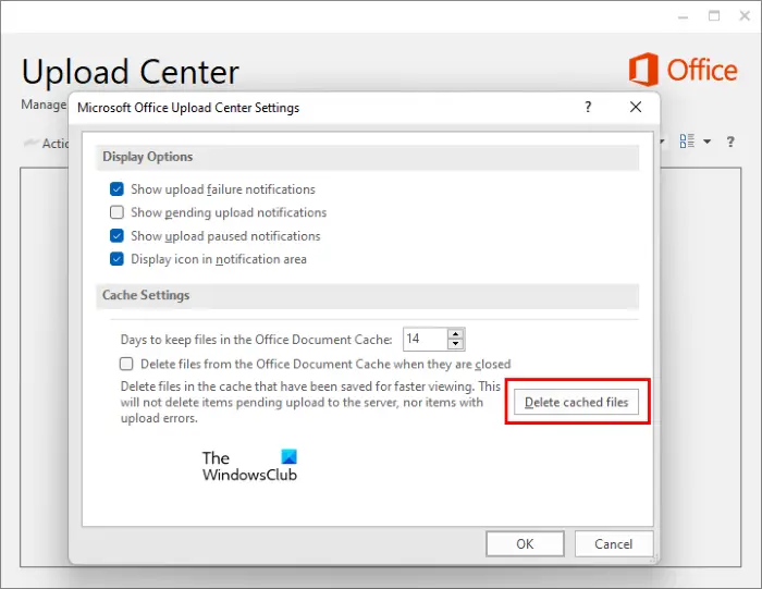 Delete cached files Office Upload Center