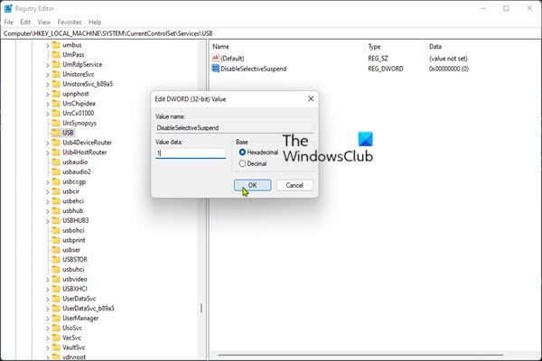 Disable USB Selective Suspend feature-Registry Editor