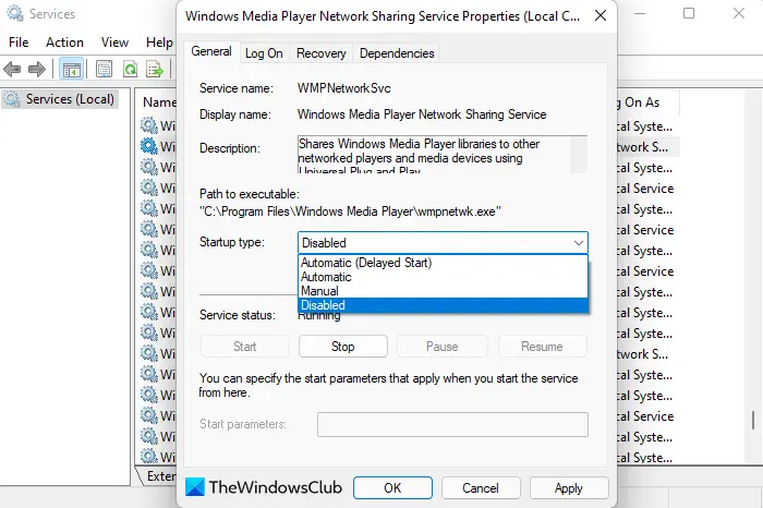 Disable Windows Media Player Network Sharing Service
