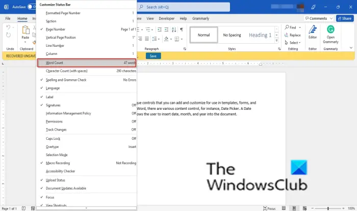How to turn off word count in Microsoft Word