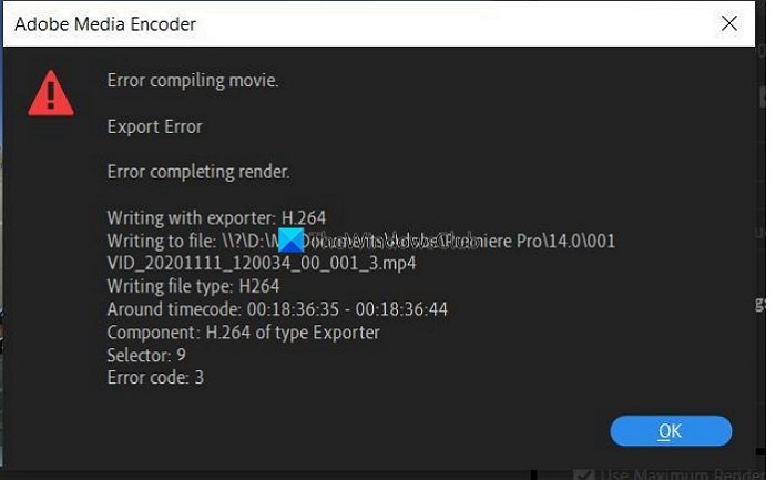 Error Code 3, Error compiling movie, Export error on Premiere Pro