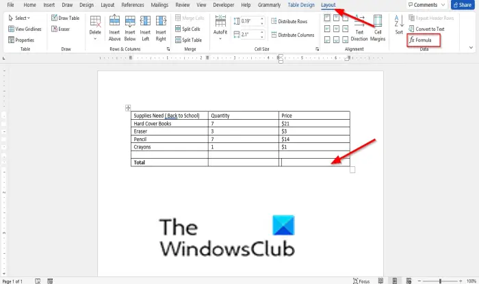How to sum a Column or Row of Numbers in a Word Table