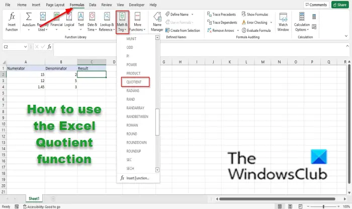 How to use the Excel Quotient function