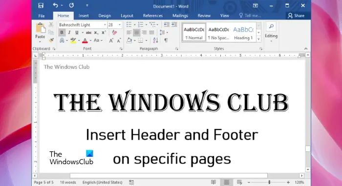 insert Headers and Footers on specific pages in Microsoft Word