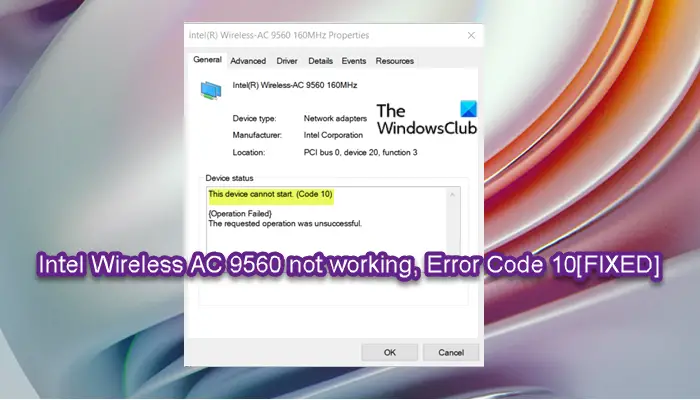 Manchuriet Perth band Intel Wireless AC 9560 not working, Error Code 10
