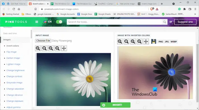 Invert image colors online on PineTools