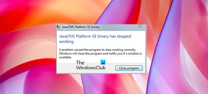 Java Platform SE binary has stopped working & is not responding