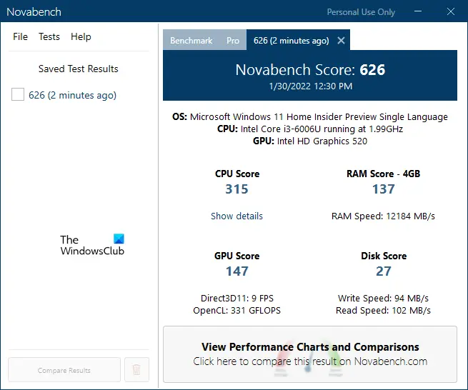Novabench free HDD speed testing software