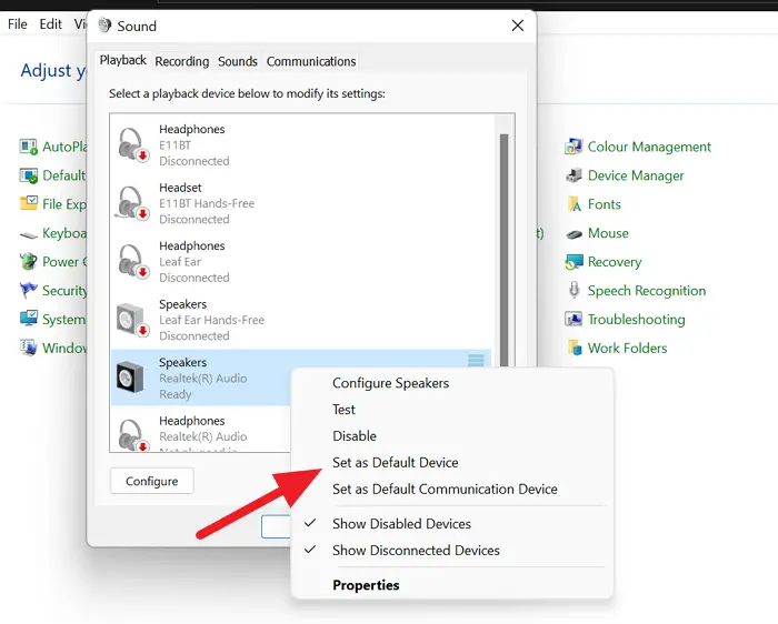 Set as Default Device in Control Panel