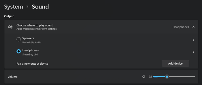 Sound Output in Settings app Sound Output in Settings app