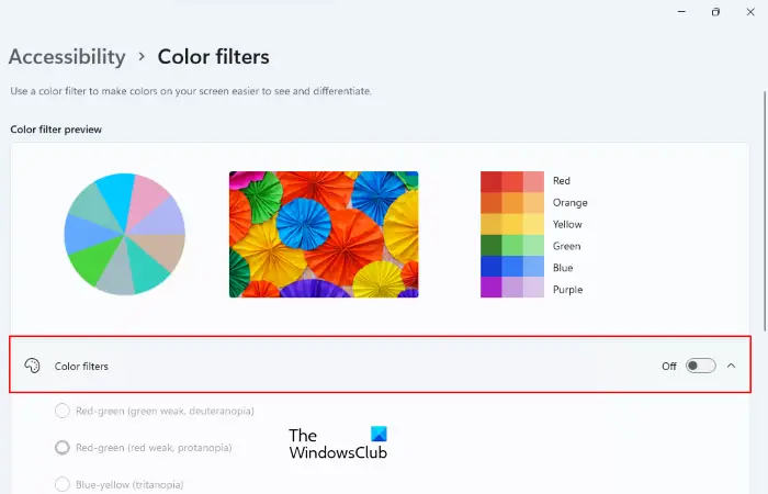 Отключить цветовые фильтры Windows 11