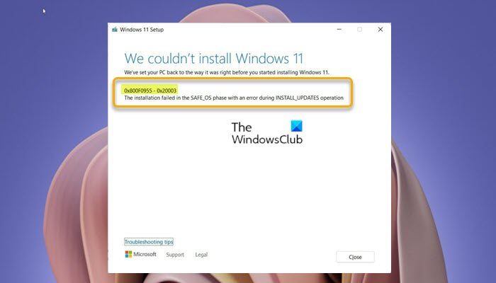 Windows 11 Installation error 0x800F0955 - 0x20003