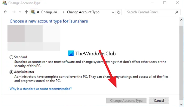 Change account type is greyed out in Windows