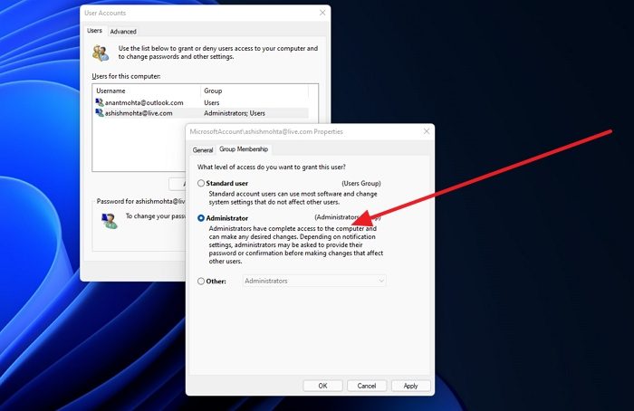 change group membership in Windows