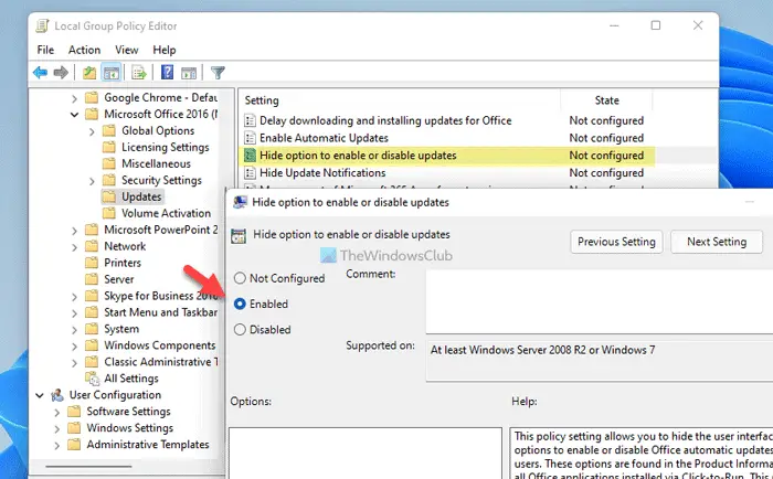 How to hide option to enable or disable updates for Office apps 
