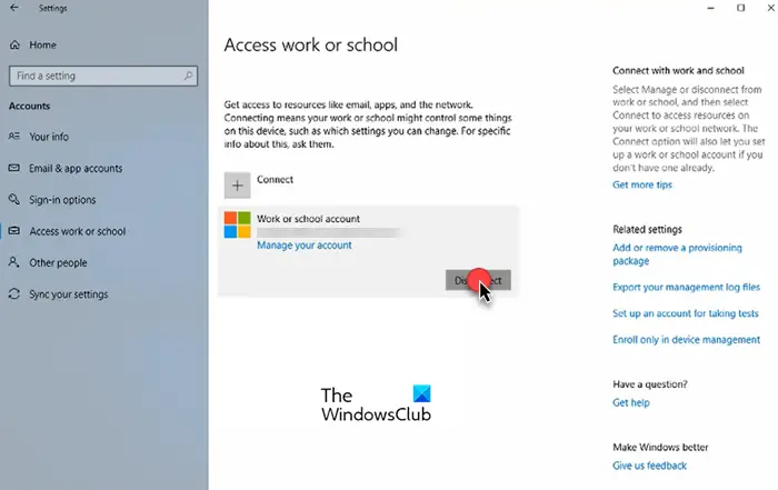 Removing Work or School account in Windows