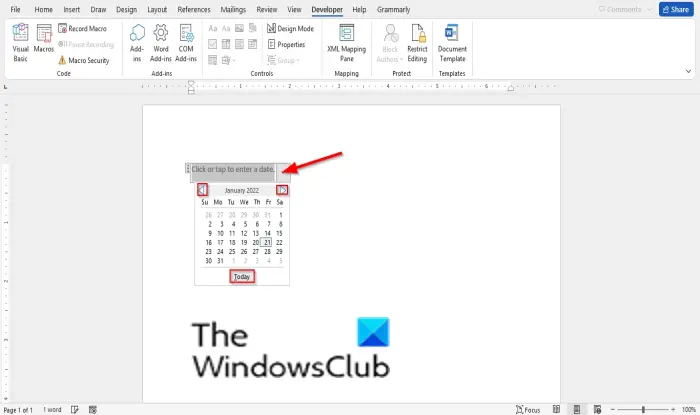 How to insert a Date Picker Content Control in Word