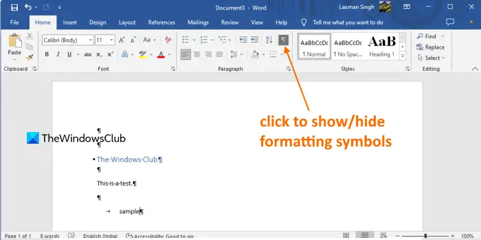 show or hide formatting marks using home tab in word