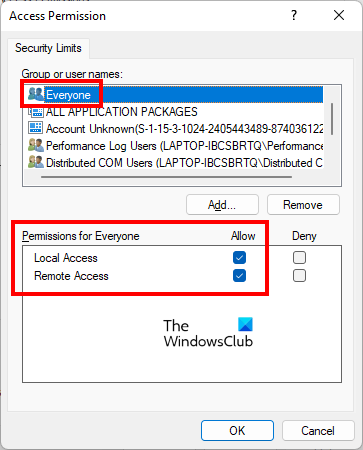 Allow Access Permissions for COM Security