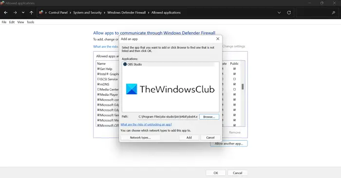 Allow OBS in Windows Firewall