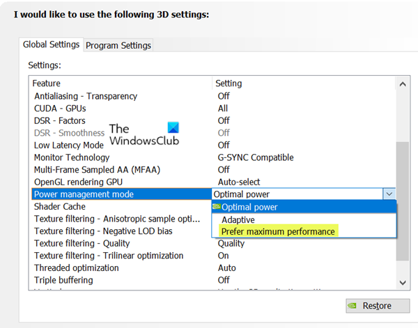 Change Power Management mode in NVIDIA Control Panel
