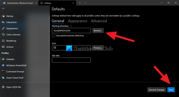 Change Starting Directory Windows Terminal