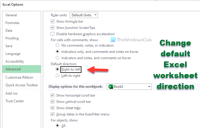 How to change default Excel worksheet direction