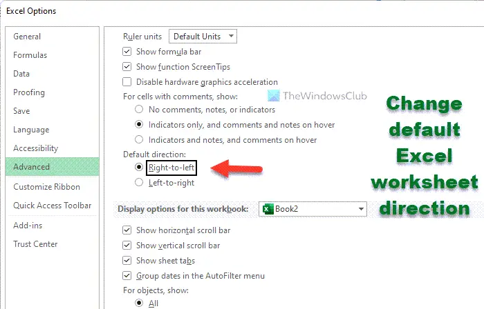 How to change default Excel worksheet direction