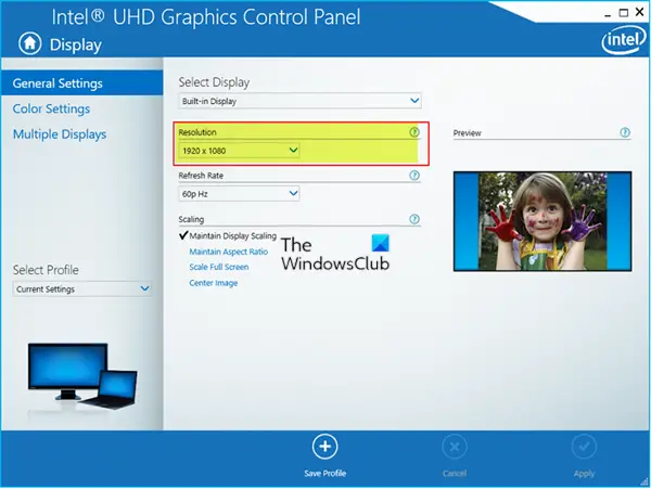 Change resolution in Intel HD Graphics Control Panel