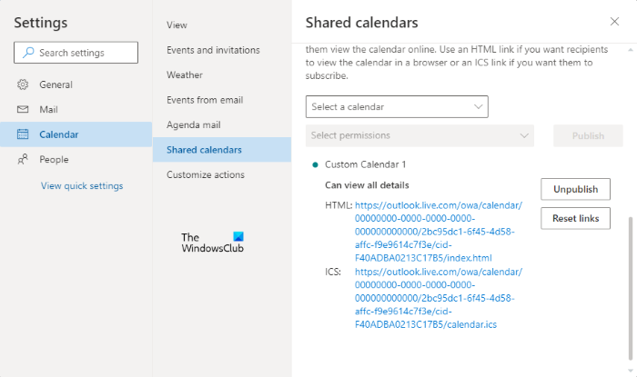 Copy ICS link Outlook Calendar