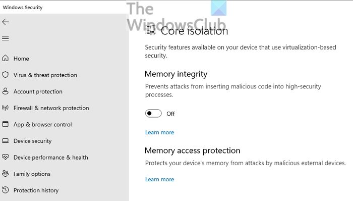 Disable Memory Integrity Core Isolation
