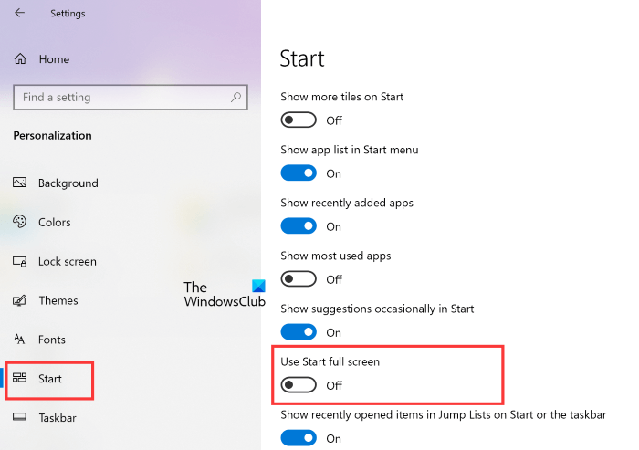 Disable Use Start Full Screen mode