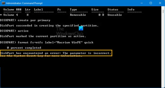 Diskpart has encountered an error, The parameter is incorrect