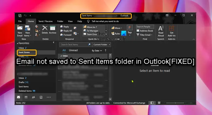 Email not saved to Sent Items folder in Outlook