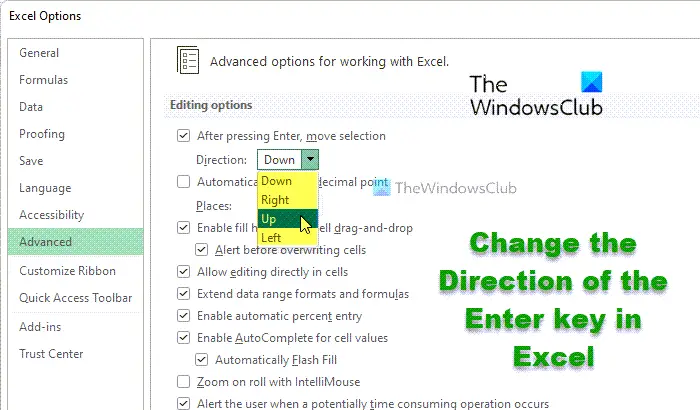 How to change the Direction of the Enter key in Excel