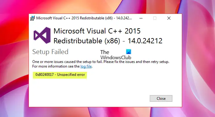 Erreur d'installation non spécifiée de Microsoft Visual C++ 0x80240017