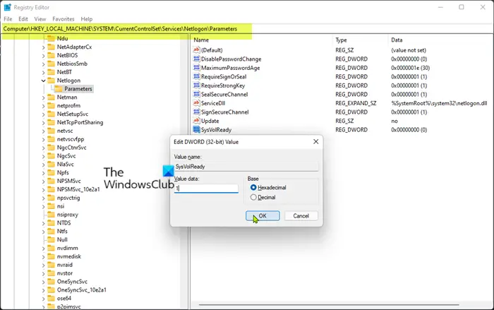 Modify SysVolReady registry key value