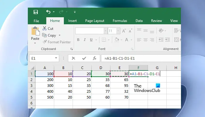 Subtract multiple cells in row Excel