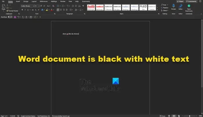 Word document is black with white text