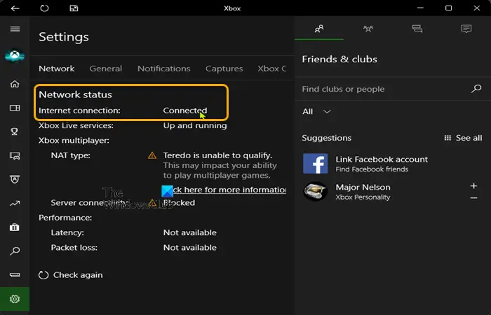 Xbox uygulaması - PC'de İnternet ve Ağ bağlantısını test edin