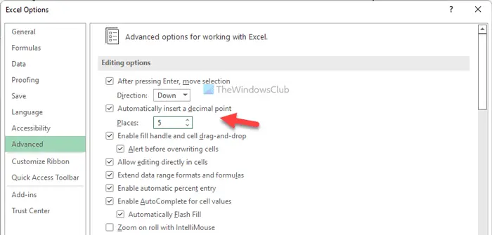 How to automatically insert decimal points in Excel