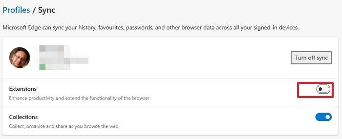 disable extension sync Edge Browser